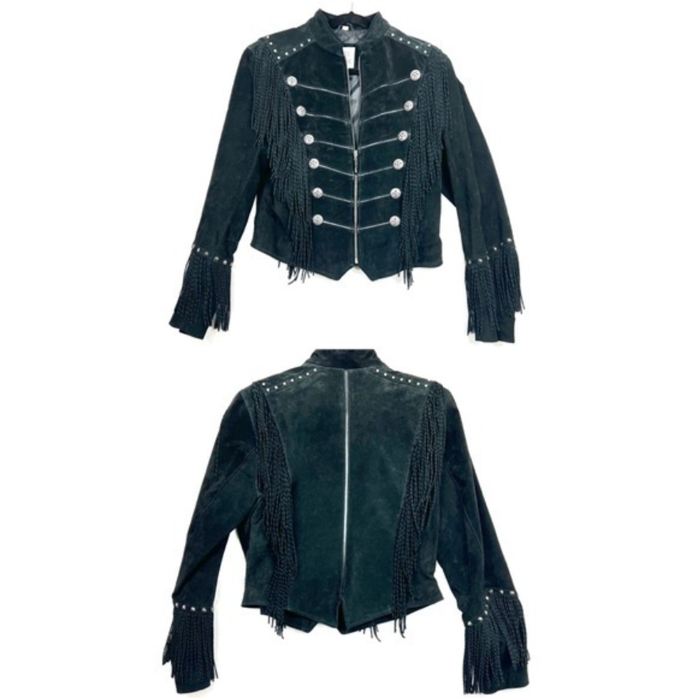 Cripple Creek Fringe Black Western Vintage Military Style Suede Leather Jacket